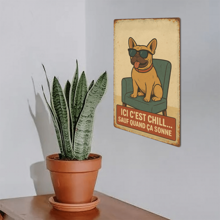 Plaque en métal - Bouledogue - Ici c'est chill