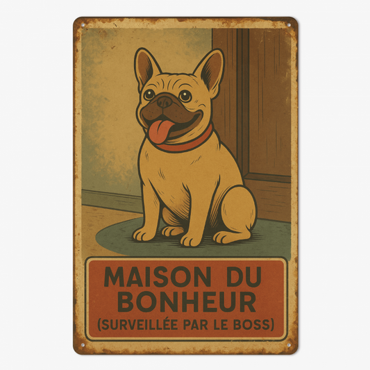 Plaque en métal - Bouledogue - Maison du bonheur