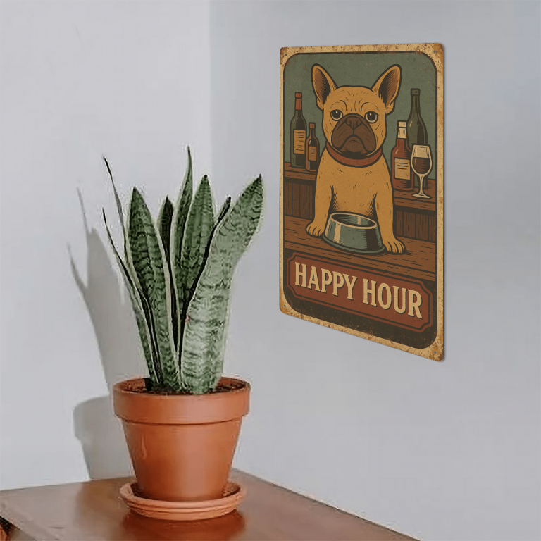 Plaque en métal - Bouledogue - Happy Hour