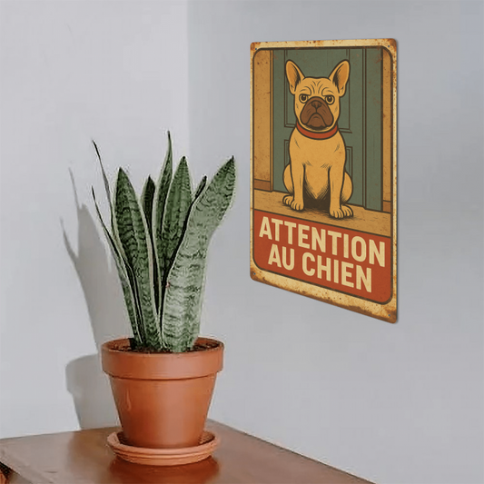 Plaque en métal - Bouledogue - Attention