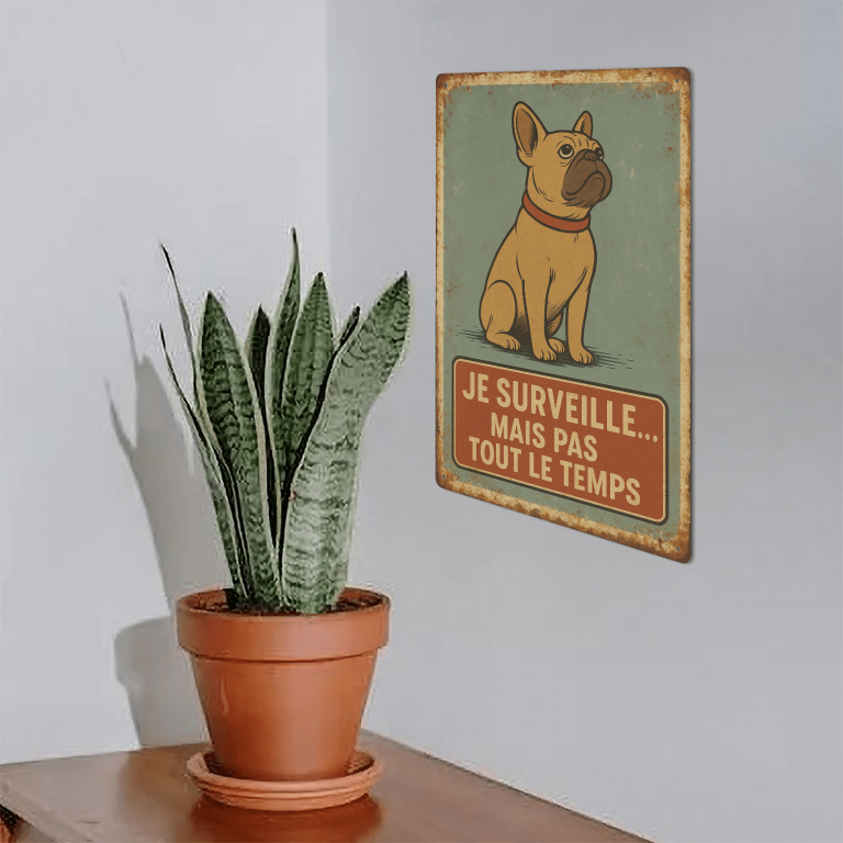 Plaque en métal - Bouledogue - Surveillance