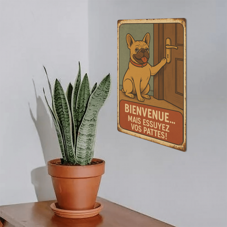 Plaque en métal - Bouledogue - Bienvenue